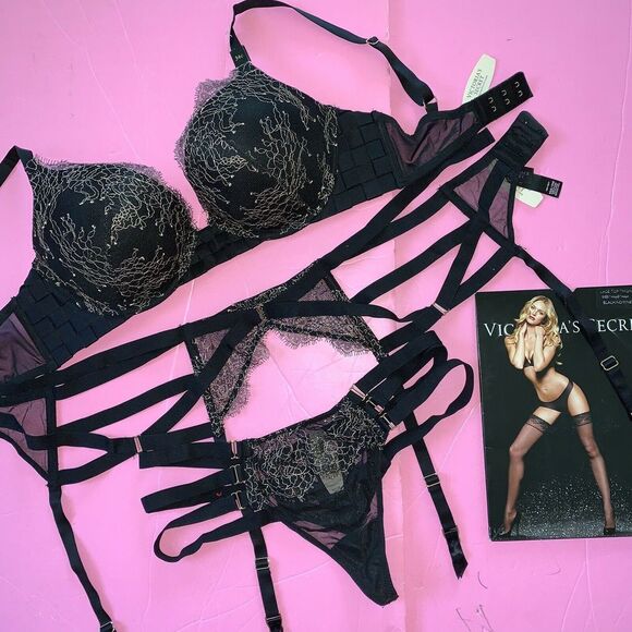 Victoria's Secret 34C BOMBSHELL BRA SET+garter Black Beige Strappy SCANDALOUS